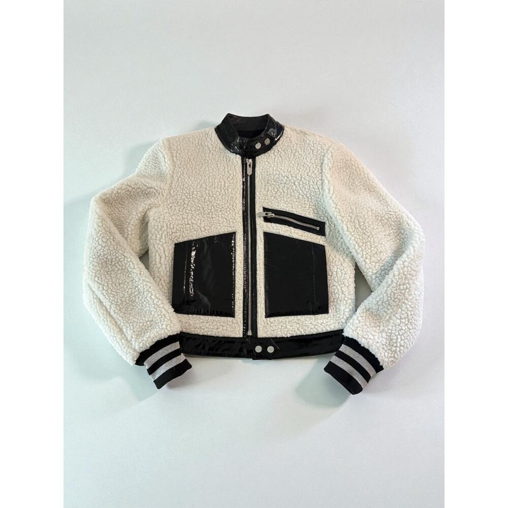 Handmade Black & White Shearling Moto Jacket Patent Leather Contrast, Cropped